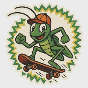 May include: A green cartoon grasshopper wearing an orange baseball cap, skateboarding on a brown skateboard. The grasshopper is set against a cream-colored background with a green and yellow zigzag border.
