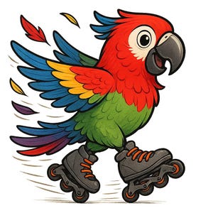 Può includere: Illustrazione di un pappagallo dei cartoni animati colorato con i pattini a rotelle. Il pappagallo ha piume rosse, blu, gialle e verdi. I pattini sono grigi con lacci e ruote arancioni. Il pappagallo sorride e sembra in movimento.
