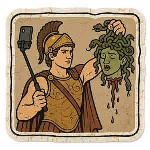Adesivo di Perseo con selfie stick davanti a Medusa. Divertente adesivo a fumetti per gli amanti del mito, i re dei selfie e gli appassionati di storia greca.