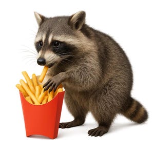 Op de afbeelding: Een wasbeer met grijs en bruin haar eet frietjes uit een rode doos. De wasbeer houdt een frietje in zijn poot en heeft een zwart masker rond zijn ogen. De achtergrond is wit.