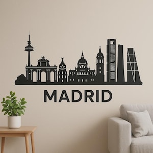 Madrid Skyline Wall Sticker Modern City Motif with Famous Landmarks as Decal for Wall, Motorhome, Laptop, Gift, Spain