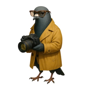 Könnte beinhalten: Illustration einer Taube mit gelbem Trenchcoat und Brille, die eine schwarze Kamera hält. Die Taube hat graue Federn und braune Füße, vor weißem Hintergrund. Die Kamera hat ein schwarzes Objektiv.