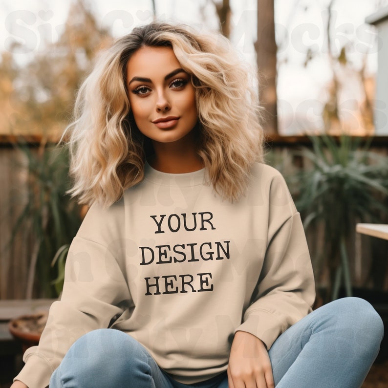 Sand Gildan 18000 Mockup, G180 Sand Crewneck Mockup Tan Sweatshirt