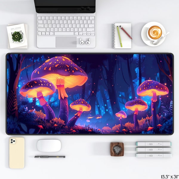 Glowing Mushroom Desk Mat Aesthetic, Magical Forest Dark Cottagecore Nature Mousepad, Cozy Gamer Decor, Trendy Workspace Desk Accessories