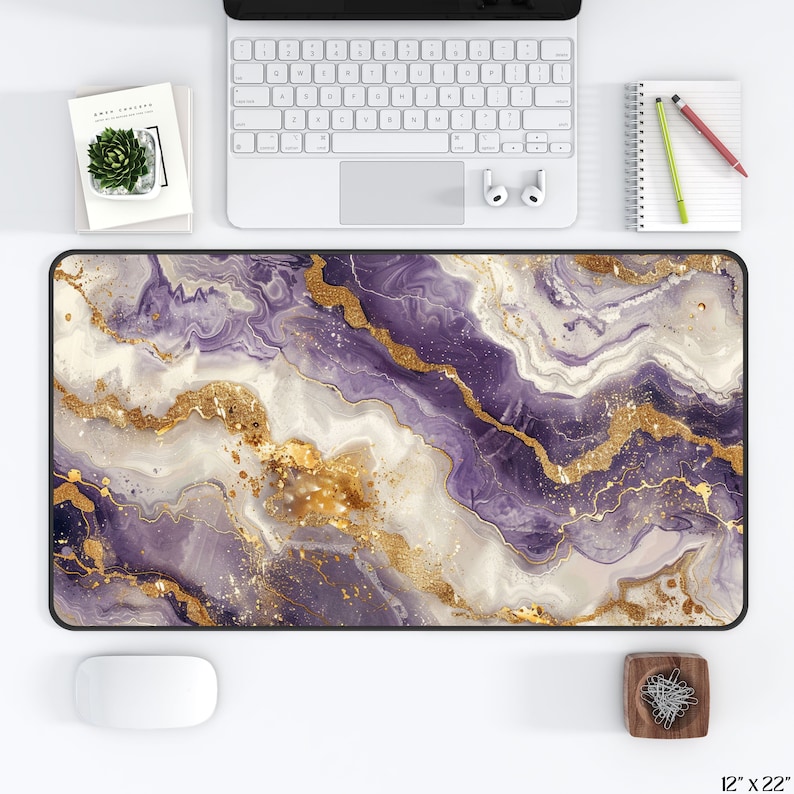 Purple and Gold Marble Desk Mat Aesthetic, Large Gaming Mouse Pad ...