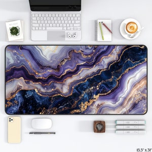 Blue and Gold Marble Desk Mat Aesthetic, Large Gaming Mouse Pad Extended Keyboard Mat, Cute Desk Mat for Home Office or Work, Coworker Gift