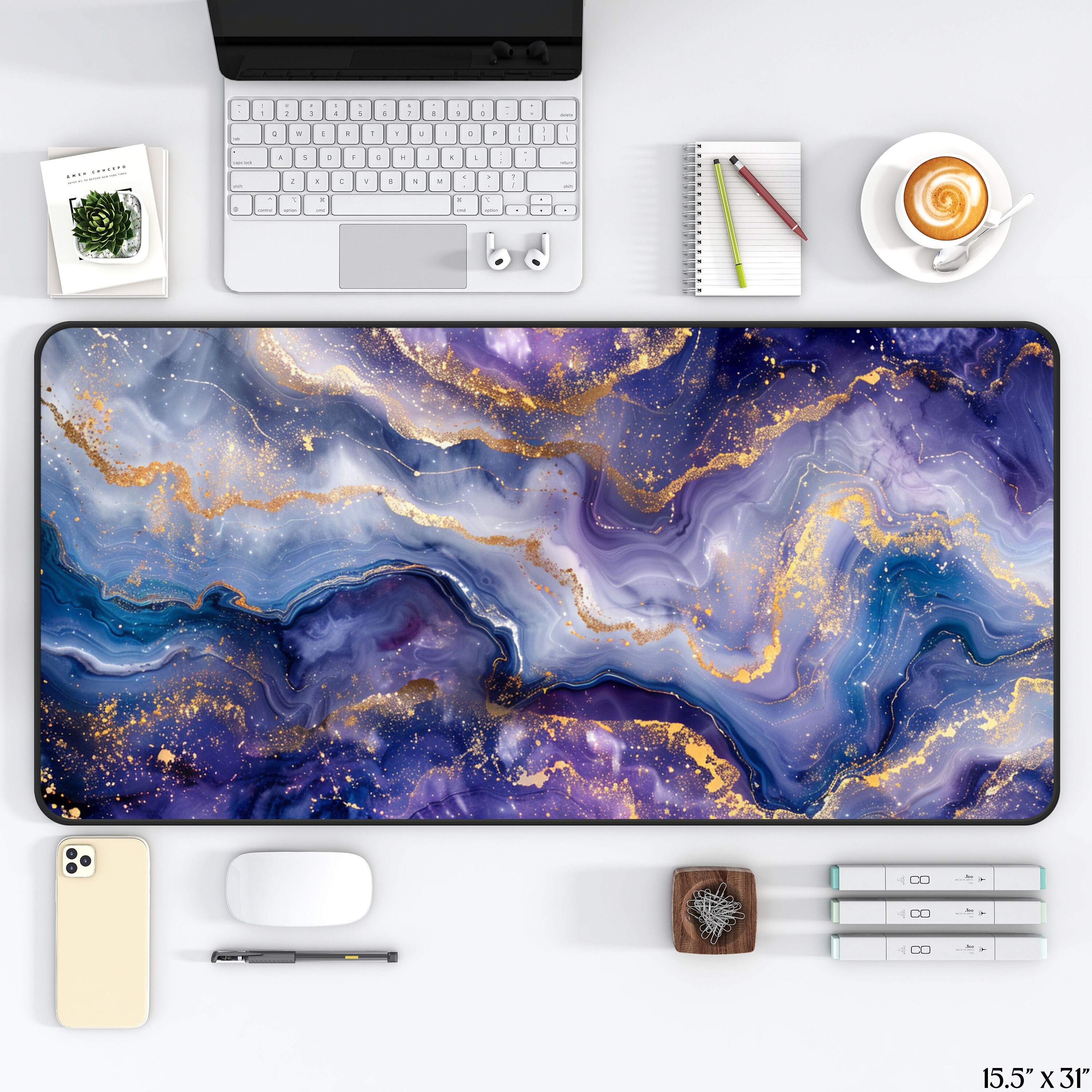 Blue and Gold Marble Desk Mat Aesthetic, Large Gaming Mouse Pad ...