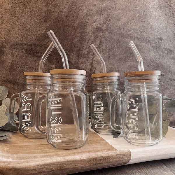 Personalized Mason Jar Coffee Cup with Glass Straw, Handle, & Bamboo Lid // Gifts, Mug, Mother's Day, Birthday Gift, Custom, Farmhouse