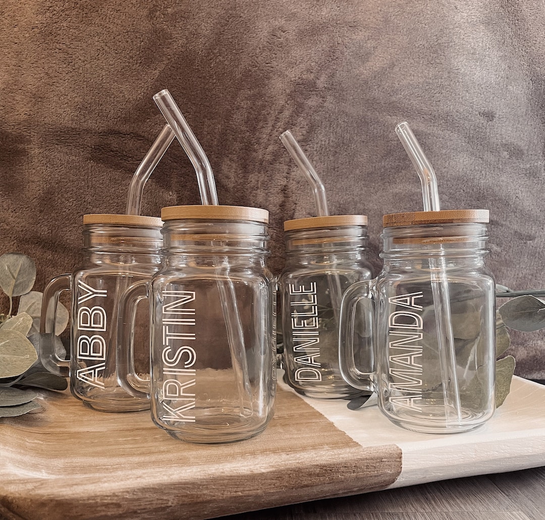 Personalized Mason Jar Coffee Cup With Glass Straw, Handle, & Bamboo