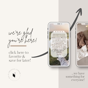 K&ouml;nnte beinhalten: Werbebild mit dem Text "we're glad you're here!" und "click here to favorite & save for later!". Zwei Smartphones zeigen Kundenbewertungen und Produktbilder. Das Logo des Shops ist ebenfalls sichtbar.