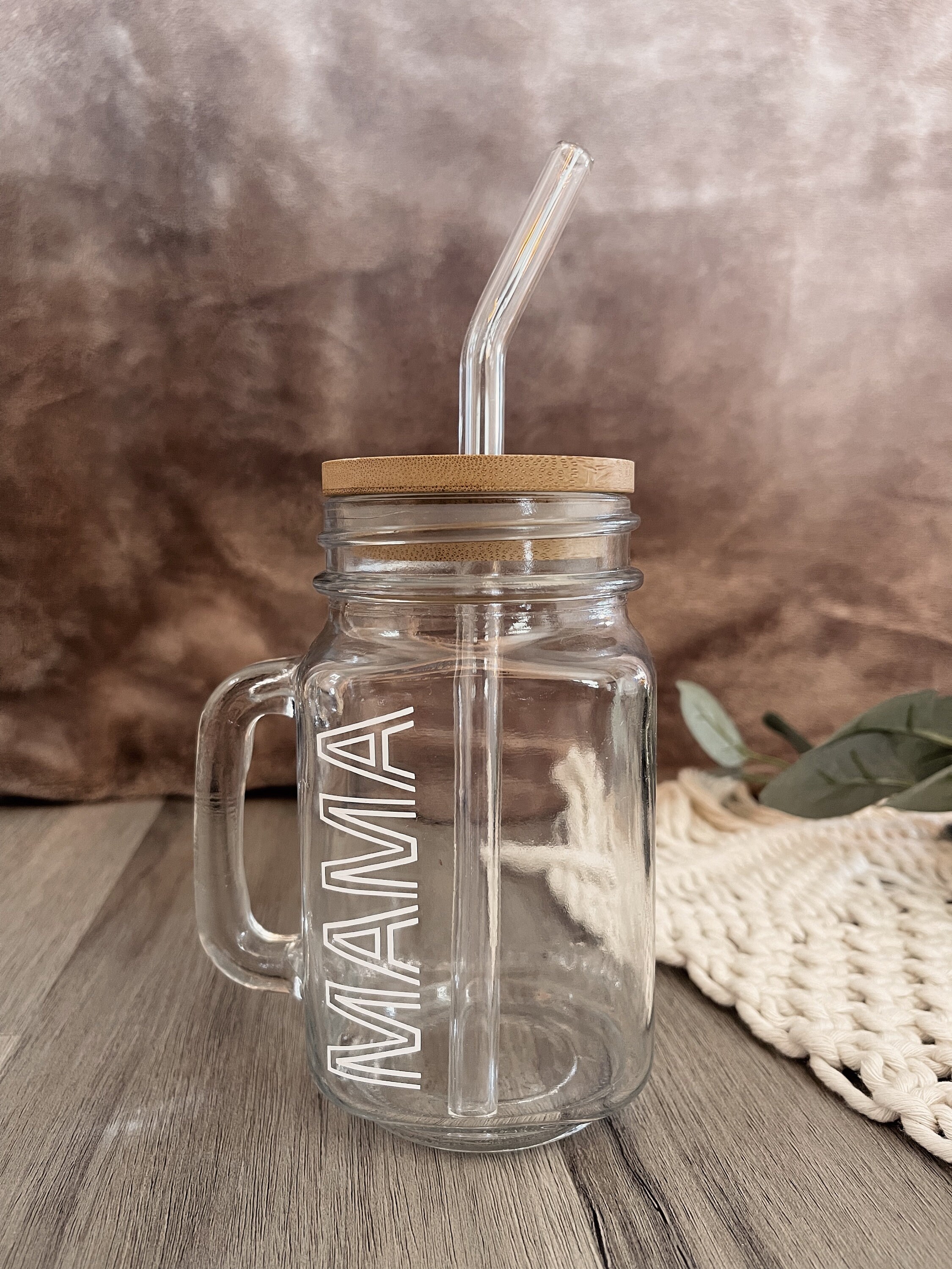 Personalized Mason Jar Coffee Cup With Glass Straw, Handle, & Bamboo ...