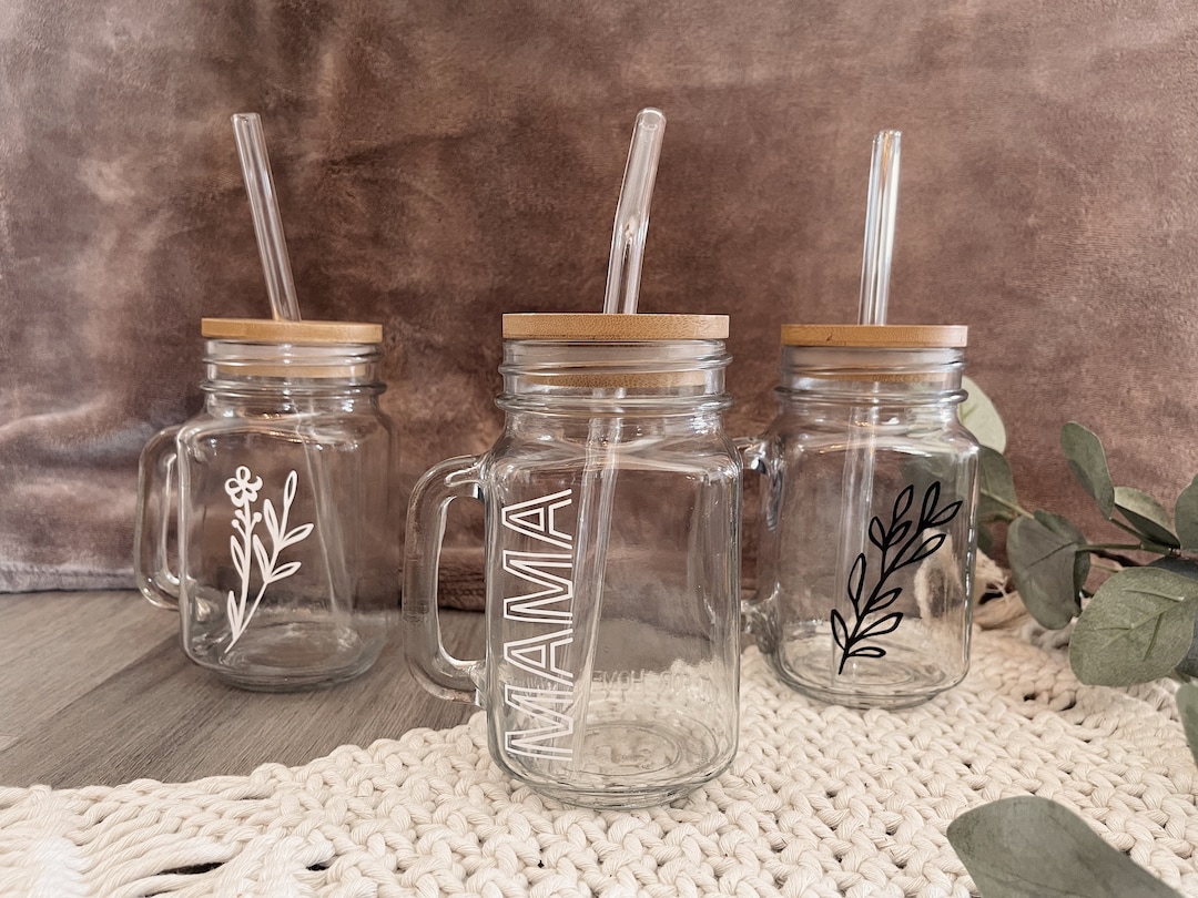 Personalized Mason Jar Coffee Cup With Glass Straw, Handle, & Bamboo ...