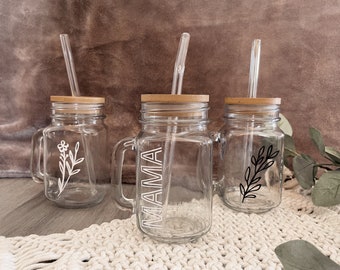 Personalized Mason Jar Coffee Cup: Glass Straw & Bamboo Lid