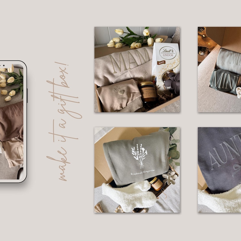 K&ouml;nnte beinhalten: Eine Sammlung von Geschenkboxen, die jeweils ein personalisiertes Sweatshirt, ein Glas Honig und andere Artikel enthalten. Die Sweatshirts sind mit Namen wie "MAM" und "AUNT" bestickt. Die Boxen sind auf einem neutralen Hintergrund angeordnet.