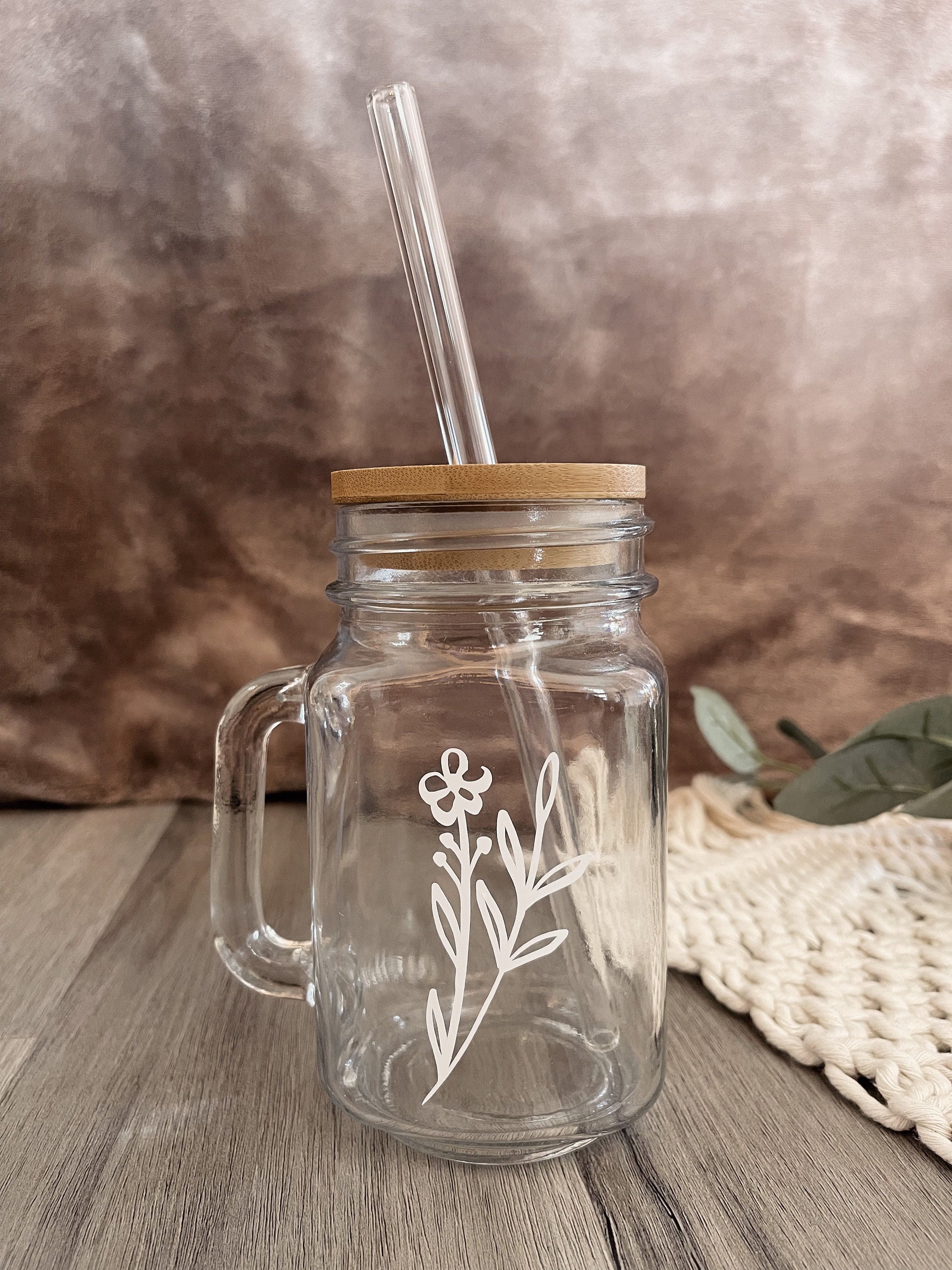 Personalized Mason Jar Coffee Cup With Glass Straw, Handle, & Bamboo ...