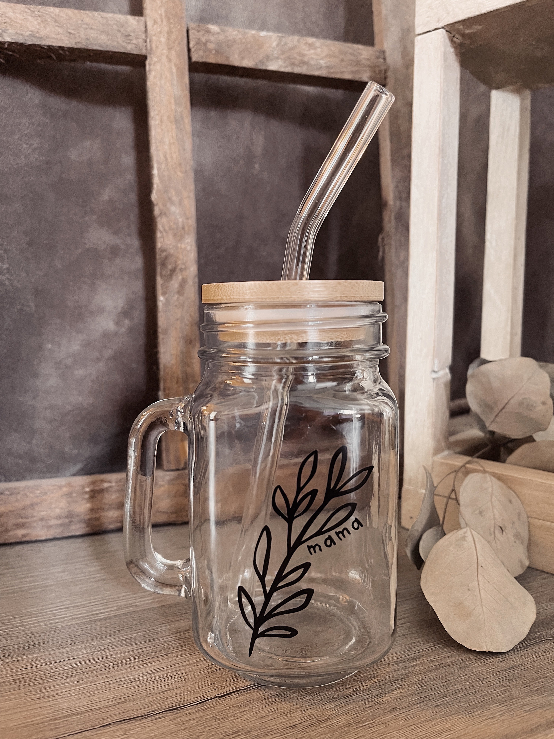 Personalized Mason Jar Coffee Cup With Glass Straw, Handle, & Bamboo ...