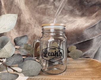 Personalized Logo Coffee Cup with Glass Straw & Bamboo Lid / Gifts, Graduation, Retirement, Personalized, Corporate Events, Custom, Business
