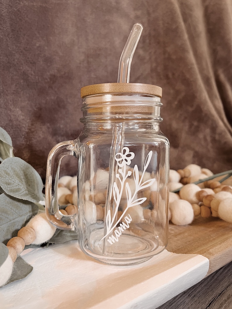 Personalized Mason Jar Coffee Cup With Glass Straw, Handle, & Bamboo ...