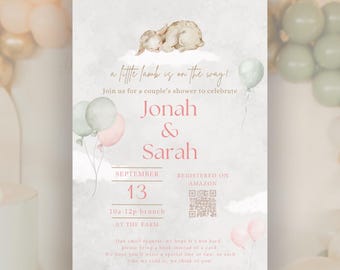Invitación imprimible para baby shower de corderito: Plantilla editable de Canva (descarga digital)