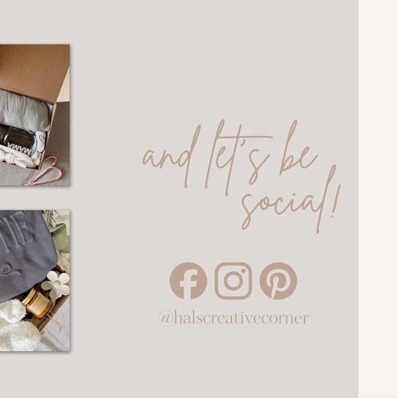 K&ouml;nnte beinhalten: Hellbeige Hintergrund mit dem Text "and let's be social!" in Schreibschrift. Darunter Social-Media-Icons f&uuml;r Facebook, Instagram und Pinterest sowie der Benutzername @halscreativecorner.