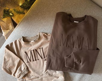 Personalisierte Mama und mich passender Puff Vinyl-Bekleidung / Rundhalsausschnitt, Bubble-Strampler, Mama, Mini, Benutzerdefiniert, Neutral, Hülsenanpassung