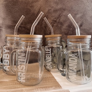 Personalized Bridesmaid Mason Jar Coffee Cup with Glass Straw, Handle, & Bamboo Lid // Gifts, Mug, Bachelorette Gift, Custom, Coffee Tumbler