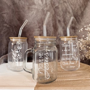Custom Christian Coffee Cup: Personalized Verse, Glass Straw with Bamboo Lid, Faith Gifts