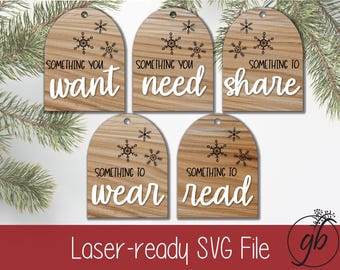 Christmas Gift Tags SVG File – Laser Cut, Want Need Wear Read Share (Digital Download)