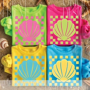 Neon Checkered Shell PNG Bundle, Checkered Beach Seashell Design, Summer T-Shirt Sublimation, Retro Check Pattern Digital Download