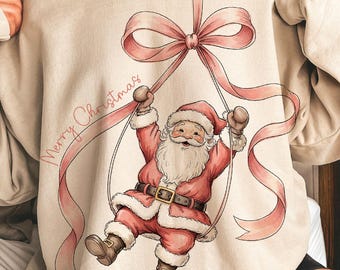 Hand Drawn Santa PNG, Retro Pink Bow Christmas Illustration, Coquette Merry Christmas Png, Santa Claus png, Gold Glitter Xmas Santa Design