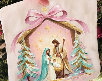 Preppy Painted Christian Nativity Scene PNG Glitter Faith Christmas Sublimation Design Greatest Gift of all PNG Nativity Coquette Png