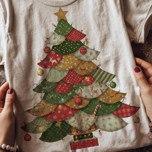 Patchwork Christmas Tree PNG, Holiday Shirt Design, Cozy Vintage Red Green Gold Xmas Sublimation Designs, Patchwork, Christmas Clipart