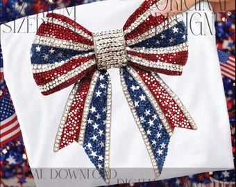 Faux Rhinestone USA Coquette Bow PNG, Girly Red White Blue 4th of July Sublimation, Patriotic American Girl Memorial Day Shirt Design
