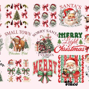 May include: A collection of 12 Christmas-themed digital designs featuring various illustrations and text. The designs include a raccoon, a cow, Santa Claus, a Christmas tree, bows, and the text "Merry Light Christmas", "Sorry Santa I've Been Foral", "Santa's Coming to Town", "Small Town Christmas Club", and "I Put Out For Santa".