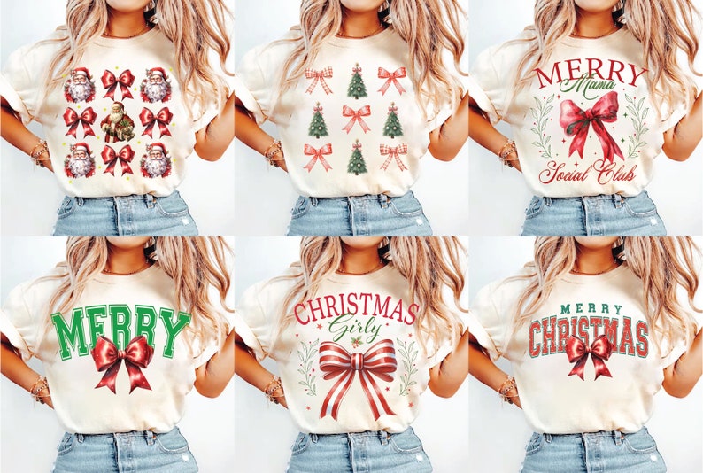 Puede incluir: Seis camisetas diferentes con tem&aacute;tica navide&ntilde;a que presentan varios dise&ntilde;os con lazos rojos y verdes, Pap&aacute; Noel, &aacute;rboles de Navidad y el texto "Feliz Navidad", "Merry Mama Social Club" y "Christmas Girly".