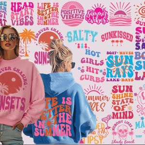 Könnte beinhalten: Eine Sammlung von bunten sommerlichen Grafikdesigns mit Sätzen wie "Sunrise Sunburn Sunset Repeat", "Head Start Vibes", "Life is Better in the Summer", "Forever Chasing Sunsets", "Salty", "Sunkissed", "Sun Shine State of Mind", "Hot Girls Hit Curbs", "Boat Waves Sun Rays Lake Days", "Sun Boat Sun Lake", "Sun Salt Sand" und "Nobody Likes a Shady Beach".