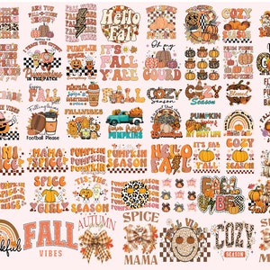 Puede incluir: Una colección de 36 diseños digitales coloridos con temática otoñal que presentan calabazas, hojas y otros elementos otoñales. Los diseños incluyen frases como "Fall Vibes", "Cozy Season" y "Pumpkin Spice".