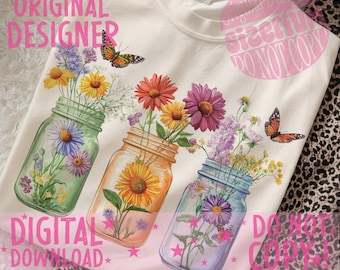 Colored Mason jars with flowers PNG File, Watercolor jars with bright flowers Design, Spring sublimation design, mason jar clip art