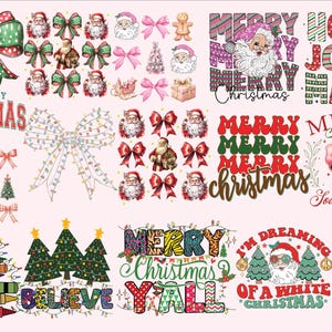 May include: A digital download of 10 Christmas-themed designs featuring various text, bows, and Christmas trees. The designs include "Merry Christmas", "Merry Holly Jolly Mama", "Merry Merry Merry Christmas", "Merry Christmas Y'all", "I'm Dreaming of a White Christmas", and "There's Some Ho Ho's Hot In This House".