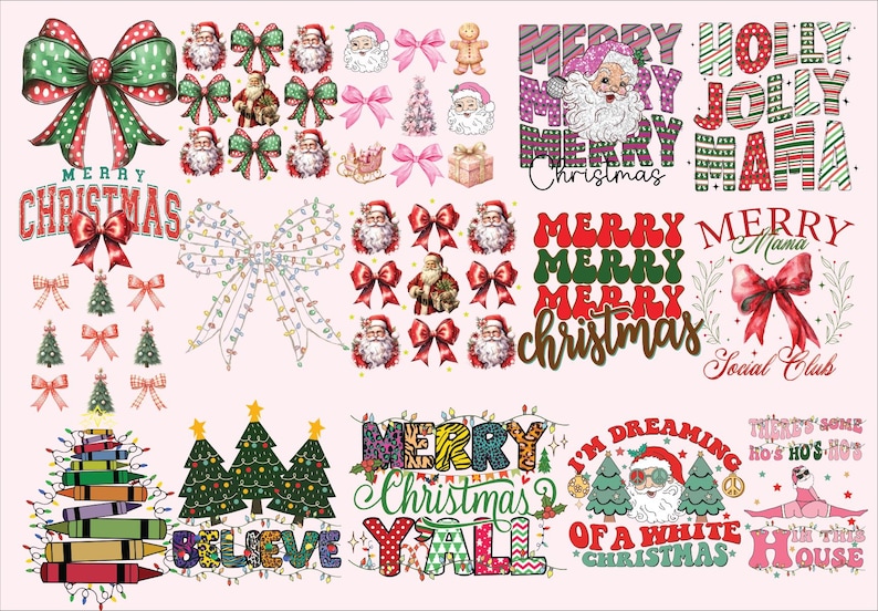 May include: A digital download of 10 Christmas-themed designs featuring various text, bows, and Christmas trees. The designs include "Merry Christmas", "Merry Holly Jolly Mama", "Merry Merry Merry Christmas", "Merry Christmas Y'all", "I'm Dreaming of a White Christmas", and "There's Some Ho Ho's Hot In This House".