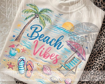 Beach Vibes PNG, Summer Beach Scene Sublimation Design, Tropical Palm Tree Sunset Digital Download, Coastal Vibes Shirt PNG