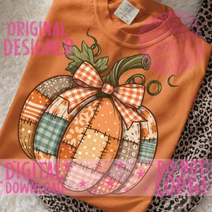 May include: Orange Comfort Colors t-shirt featuring a patchwork pumpkin design with a gingham bow. The pumpkin has various patterns and colors, including orange, brown, and green. The shirt has the text "Original Designer" and "Digital Download" on it.