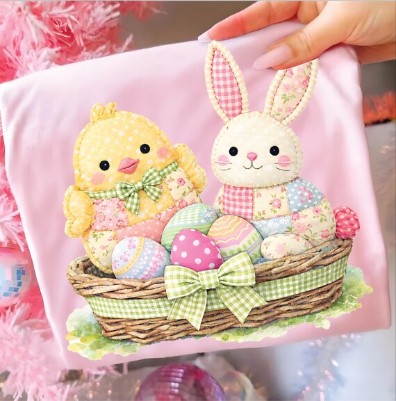 Floral Quilted Patchwork Bunny and Chick PNG, Cute Patchwork  Easter Basket Clipart, Vintage Patchwork Style, Spring Sublimation Design