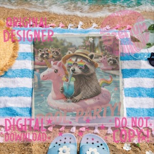 May include: A beach towel with a whimsical illustration of raccoons in a pool, wearing sunglasses and drinking cocktails. The image includes the text "COOL PARTY!" and "DIGITAL DOWNLOAD". The scene is set on a sandy beach with blue and white striped towel.