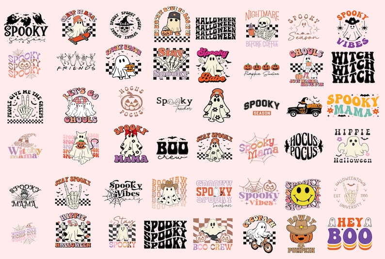 Op de afbeelding: Een verzameling van 36 kleurrijke Halloween-ontwerpen met geesten, pompoenen, skeletten en verschillende griezelige zinnen. De ontwerpen zijn perfect voor het maken van T-shirts, mokken, draagtassen en andere merchandise.