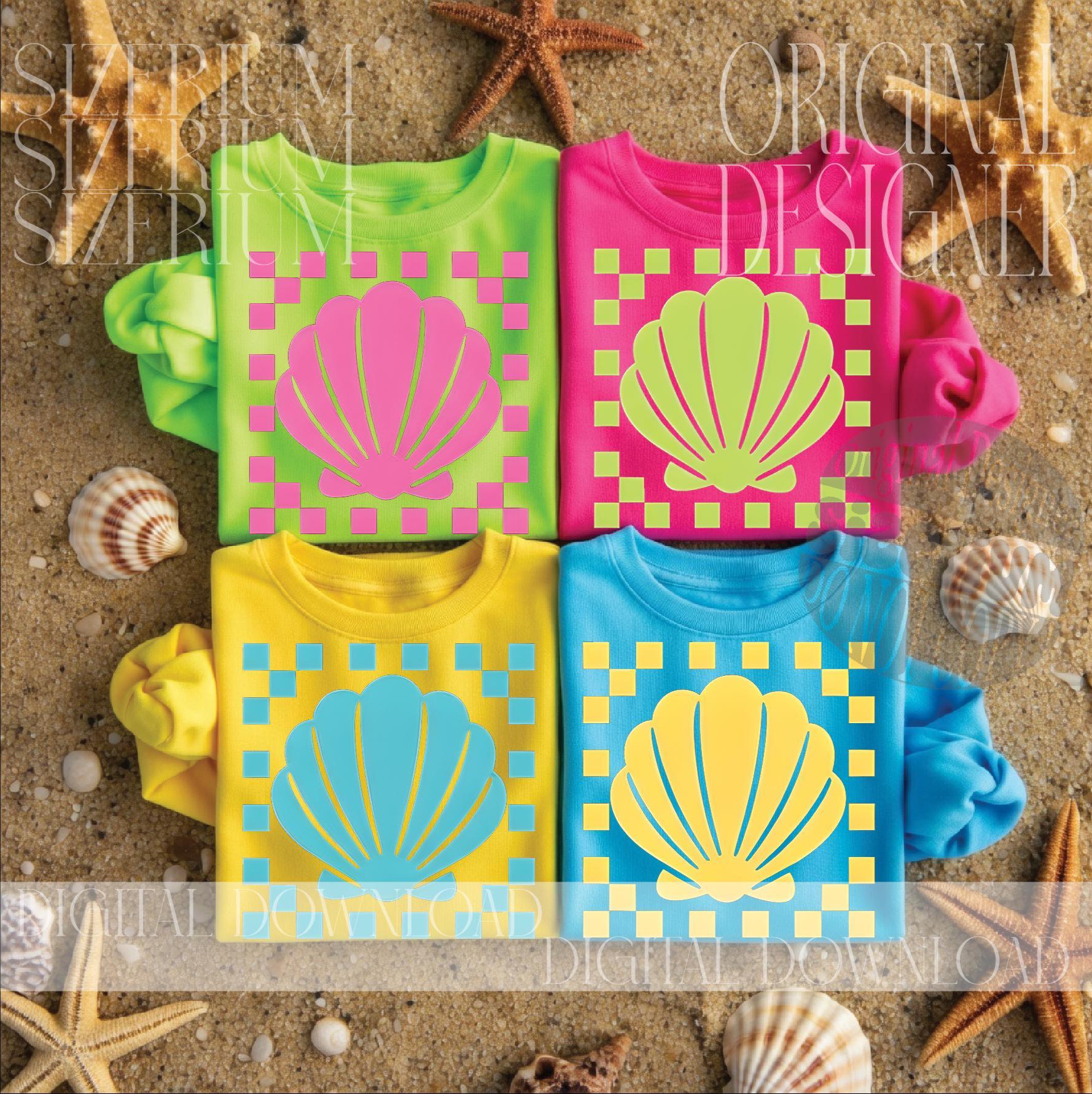 Checkered Shell Neon Checkered Shell PNG Bundle, Checkered Beach Seashell Design ...