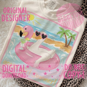 May include: White t-shirt with a colorful illustration of a flamingo and a swan in a pink inflatable ring, enjoying a tropical summer scene. The flamingo has a cocktail, and the swan wears heart-shaped sunglasses. The words "Original Designer" and "Digital Download" are visible.