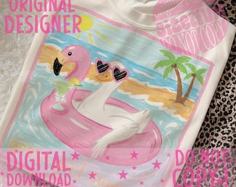 プレッピーなグースガールの夏のPNG画像、手描きのビーチプールフロートのクリップアート（デジタルダウンロード）