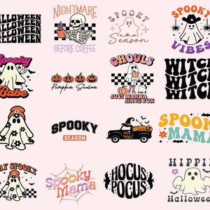 Op de afbeelding: Een verzameling van 12 Halloween-thema grafische ontwerpen met geesten, pompoenen en griezelige spreuken. De ontwerpen zijn in een retro stijl met felle kleuren en vetgedrukte lettertypen. Sommige van de spreuken zijn "Spooky Babe", "Spooky Season", "Witch Witch Witch" en "Hocus Pocus".