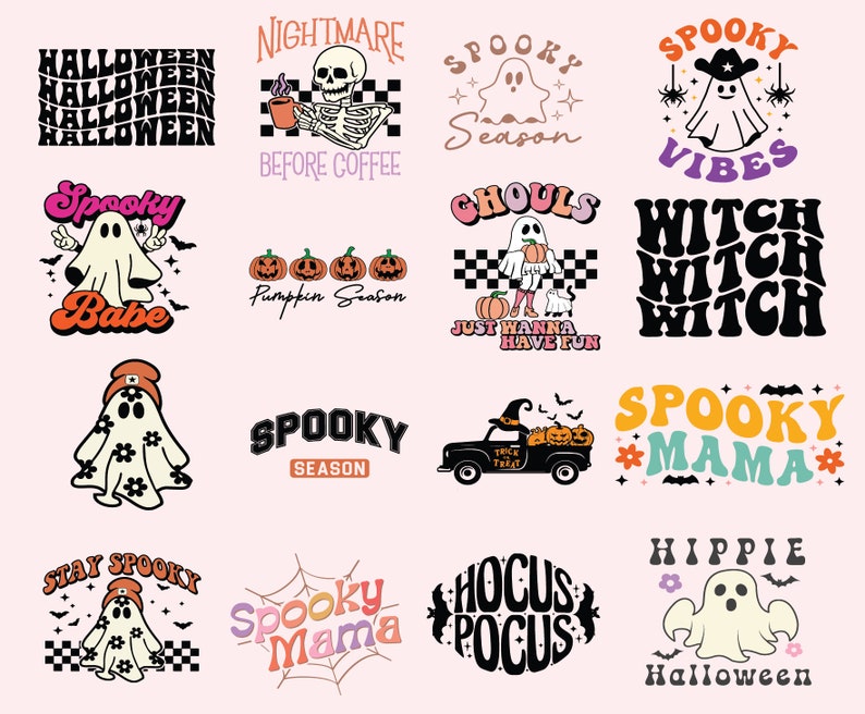 Op de afbeelding: Een verzameling van 12 Halloween-thema grafische ontwerpen met geesten, pompoenen en griezelige spreuken. De ontwerpen zijn in een retro stijl met felle kleuren en vetgedrukte lettertypen. Sommige van de spreuken zijn "Spooky Babe", "Spooky Season", "Witch Witch Witch" en "Hocus Pocus".